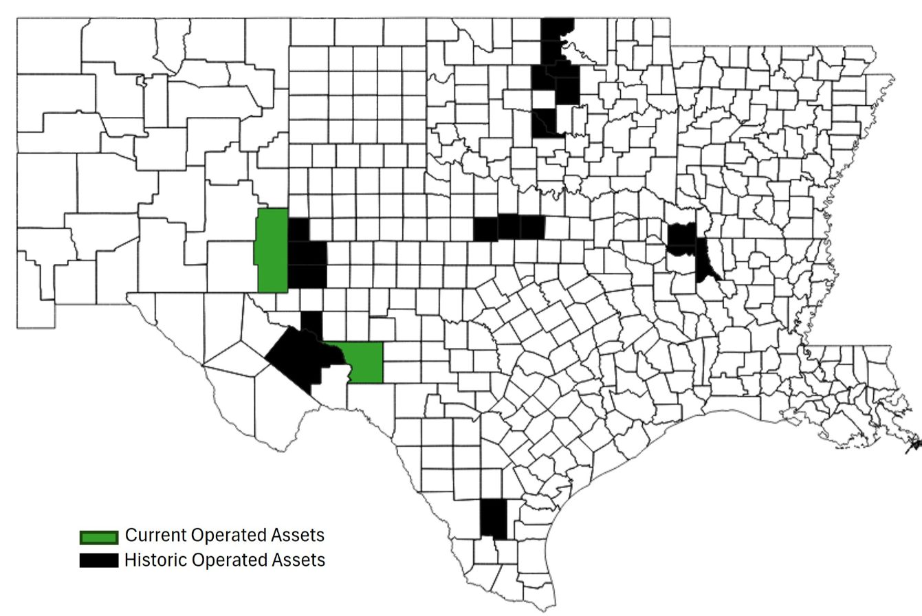 County map of Texas and Louisiana showing currently operated counties in green in the Permian Basin and historic operated counties in black